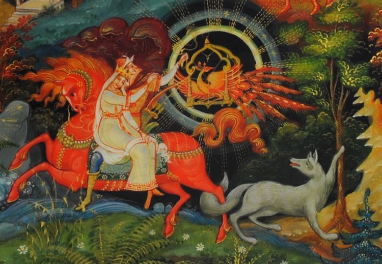The Firebird painting featuring Prince Ivan, Princess Tsarevna, and The Firebird. Artist Unknown.